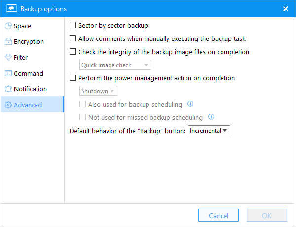 advanced settings in backup options