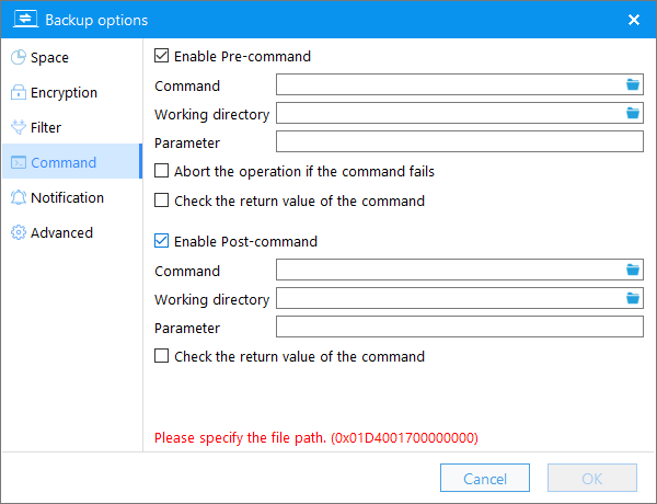 command in backup options