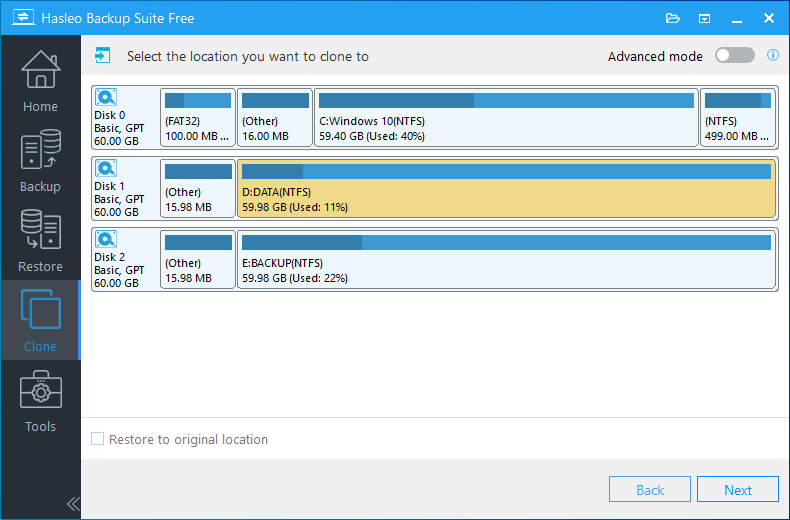 partition clone select destination location