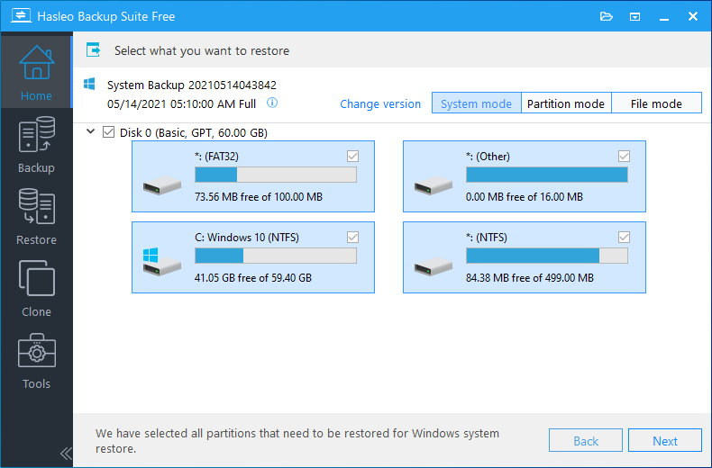 select backup version to restore gpt system to mbr