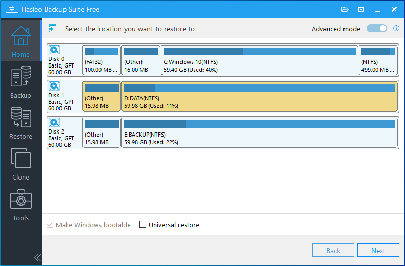 system restore select contiguous space as destination