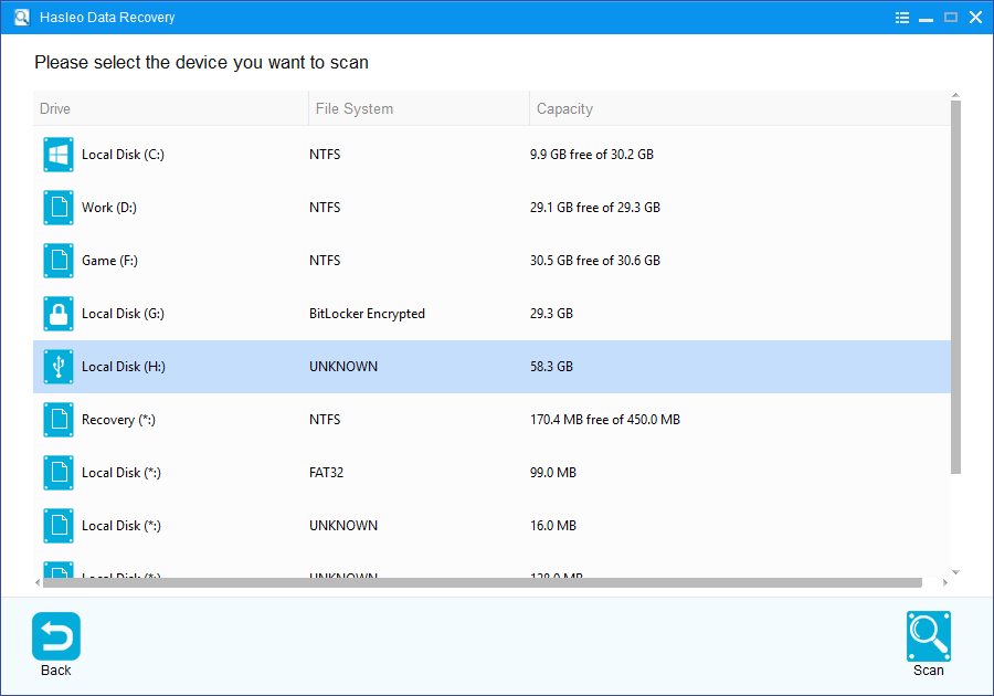 select external hard drive to scan