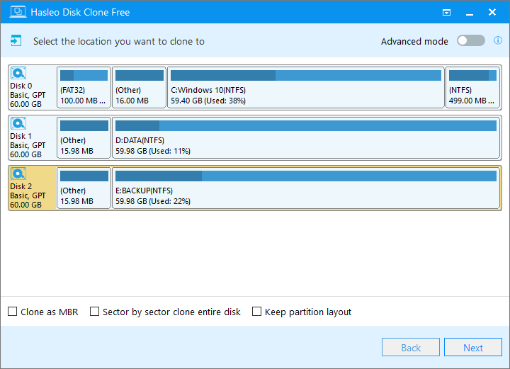 disk clone select destination disk