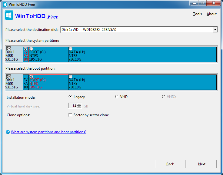 Select target partition icon