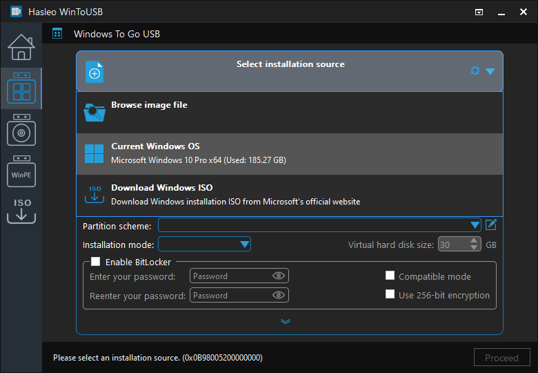 Select installation source for Windows To Go