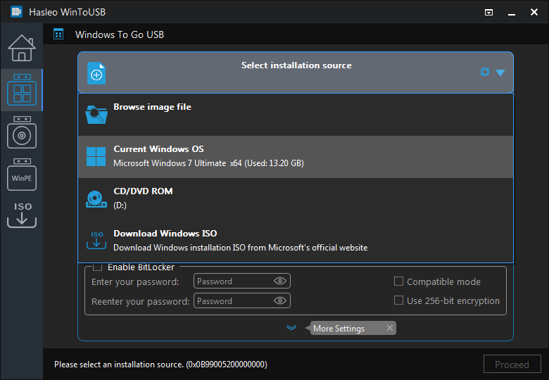 Select installation source for Windows To Go