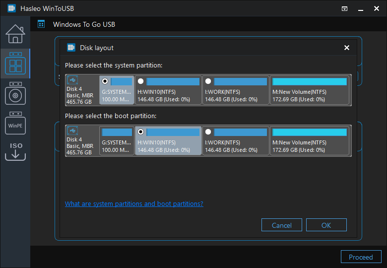 Select system and boot partitions