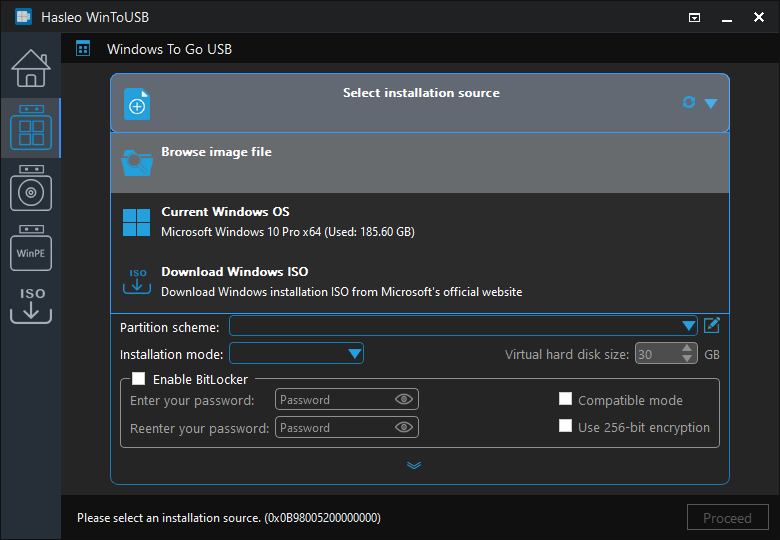 Select installation source for Windows To Go