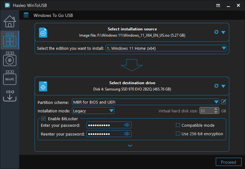 Select partition scheme and installation mode