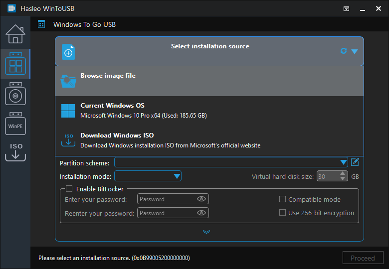 Select installation source for Windows To Go